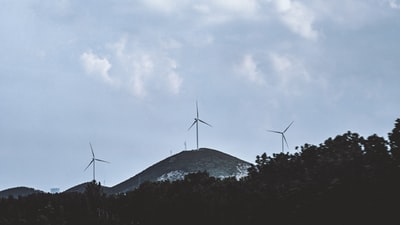 灰色天空下风车附近树木的剪影